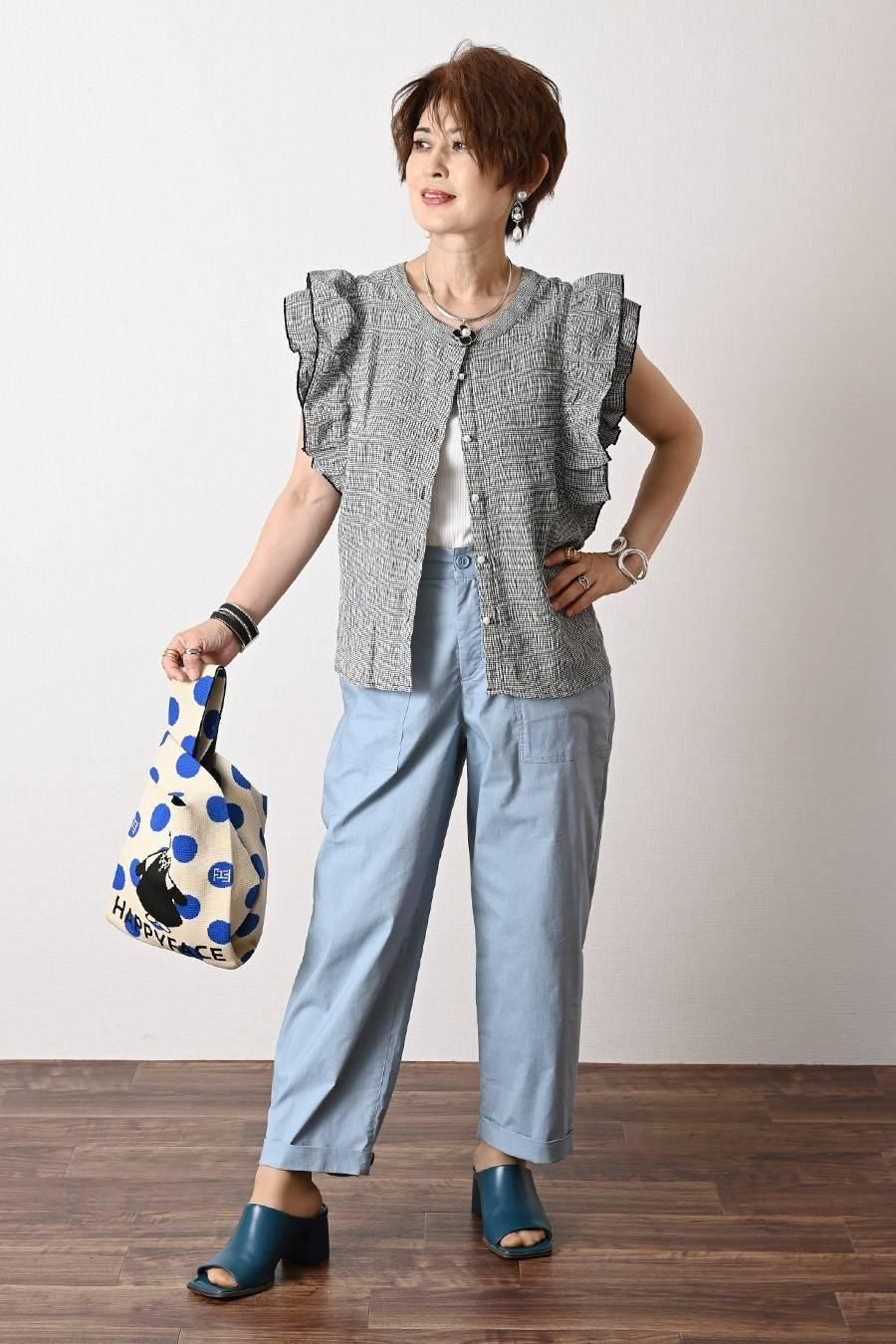 麻混シャンブレー超ストレッチ軽涼パンツ