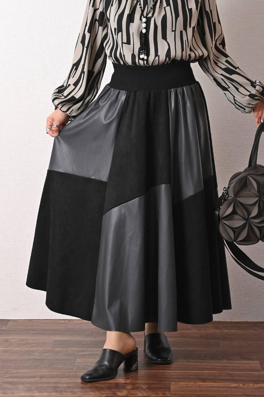 エコレザー＆スエード切り替えフレアスカート