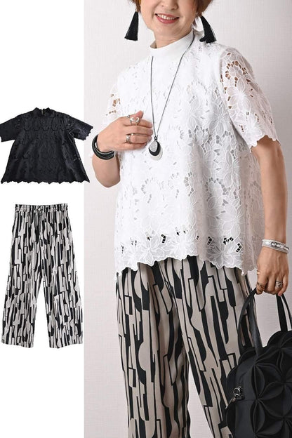 レース ブラウス＋サテン風ワイドパンツ2点セット　＜クーポンでメンバーPriceからMAX10%OFF＞