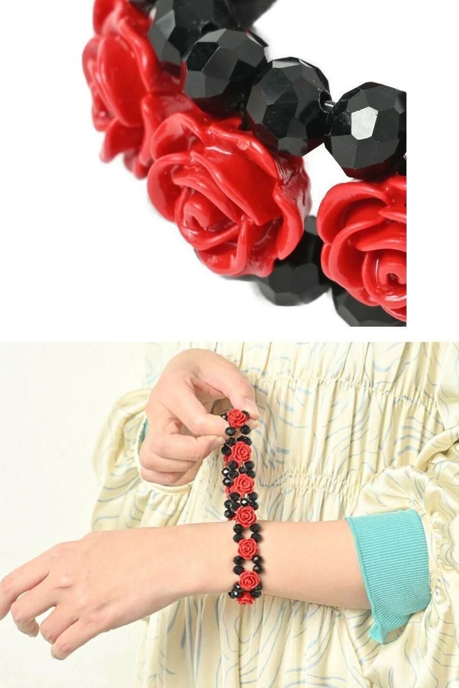 真紅＆黒 薔薇 フリーサイズブレスレット