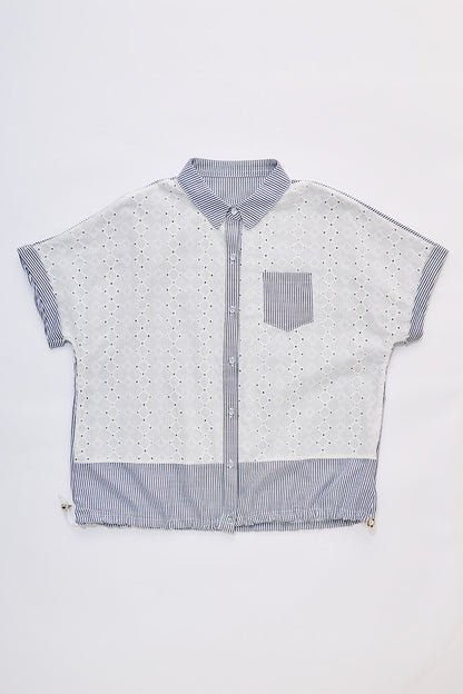 【大人の遊び心】刺繍レース×ストライプ切替 ドロストヘム・ハーフスリーブシャツ