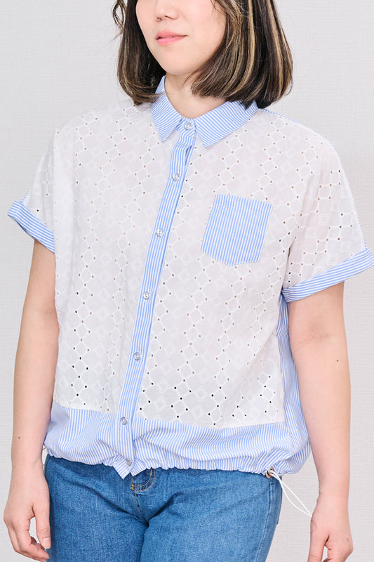 【大人の遊び心】刺繍レース×ストライプ切替 ドロストヘム・ハーフスリーブシャツ