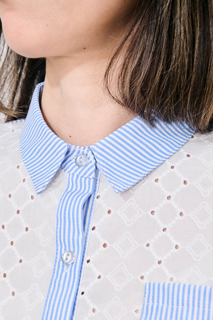 【大人の遊び心】刺繍レース×ストライプ切替 ドロストヘム・ハーフスリーブシャツ