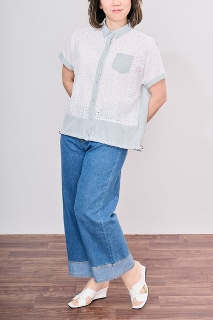【大人の遊び心】刺繍レース×ストライプ切替 ドロストヘム・ハーフスリーブシャツ