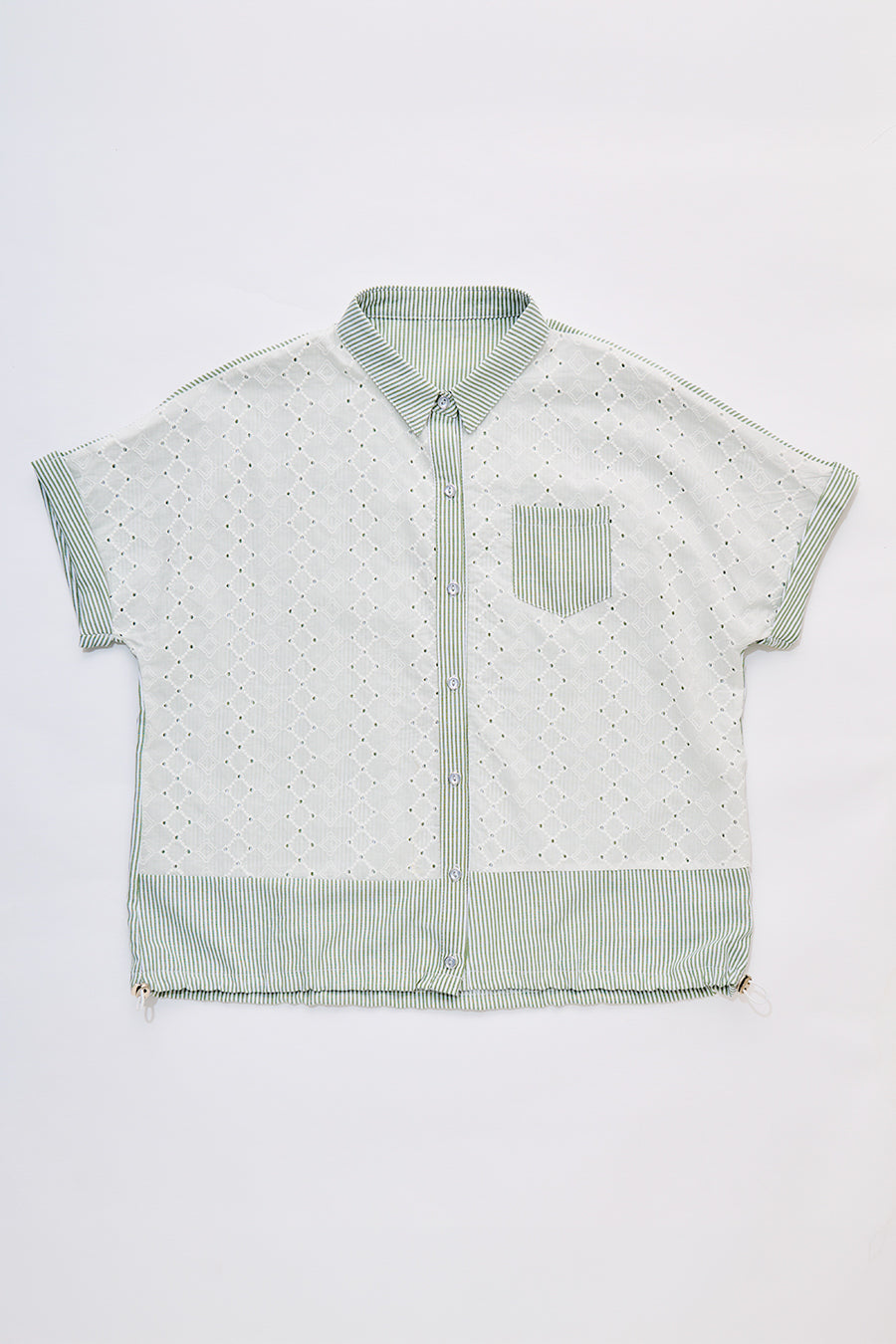 【大人の遊び心】刺繍レース×ストライプ切替 ドロストヘム・ハーフスリーブシャツ