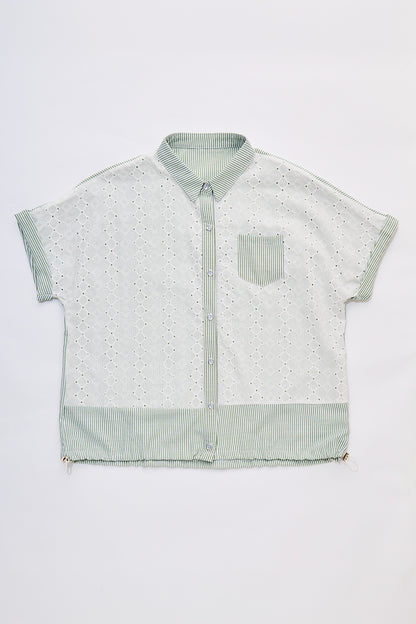 【大人の遊び心】刺繍レース×ストライプ切替 ドロストヘム・ハーフスリーブシャツ