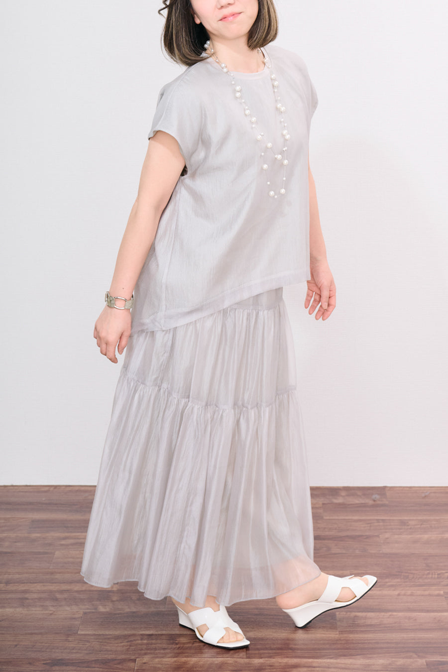 【光を纏う】シアーシャイニー ティアードロングスカート