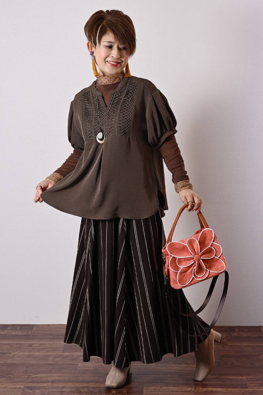 Donna Libera オリジナル！フロッキードットチュール 配色ハイネックカットソー