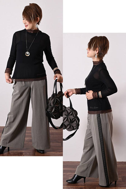 Donna Libera オリジナル！フロッキードットチュール 配色ハイネックカットソー