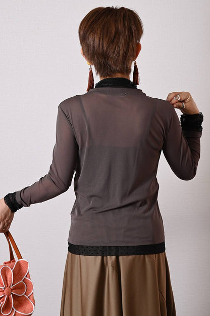 Donna Libera オリジナル！フロッキードットチュール 配色ハイネックカットソー