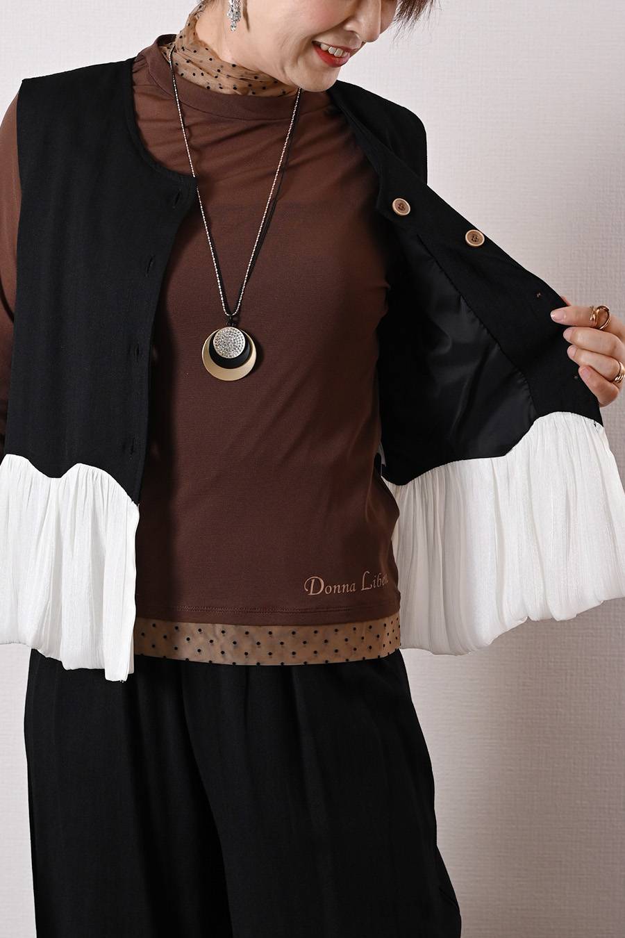 Donna Libera オリジナル！フロッキードットチュール 配色ハイネックカットソー