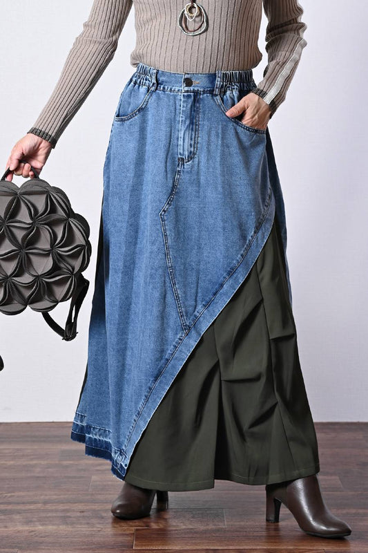 異素材切り替えランダムタックデニムスカート