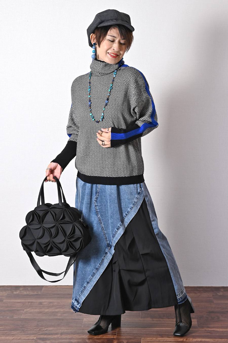 異素材切り替えランダムタックデニムスカート