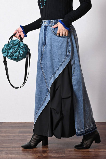 異素材切り替えランダムタックデニムスカート