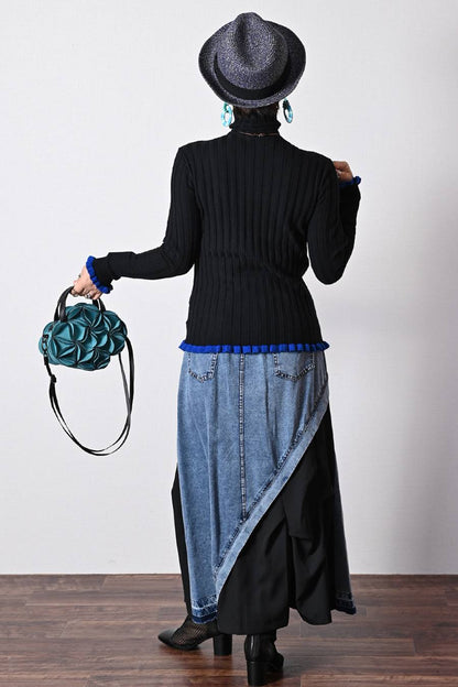 異素材切り替えランダムタックデニムスカート