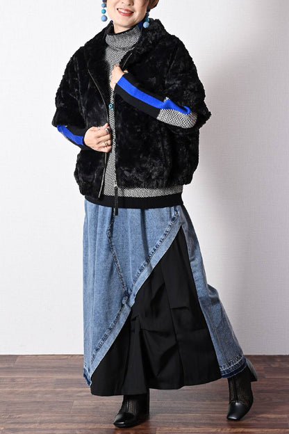 異素材切り替えランダムタックデニムスカート