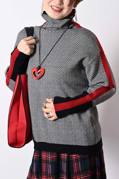 体型拾わない華やかニット！ヘリンボーン配色ニット