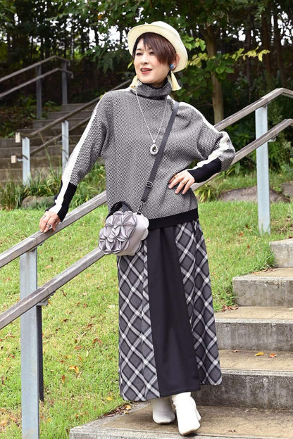 体型拾わない華やかニット！ヘリンボーン配色ニット