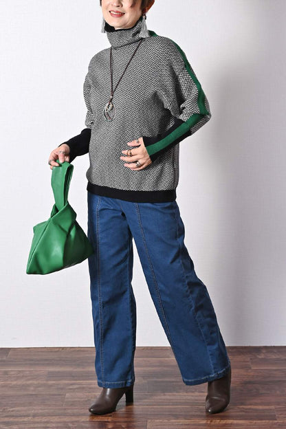 体型拾わない華やかニット！ヘリンボーン配色ニット