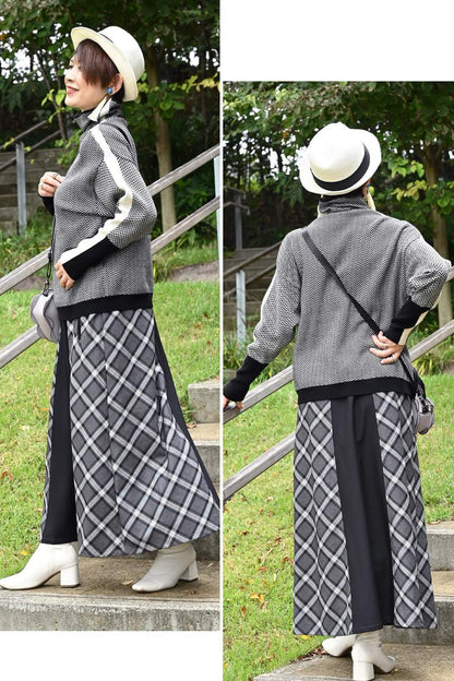 体型拾わない華やかニット！ヘリンボーン配色ニット