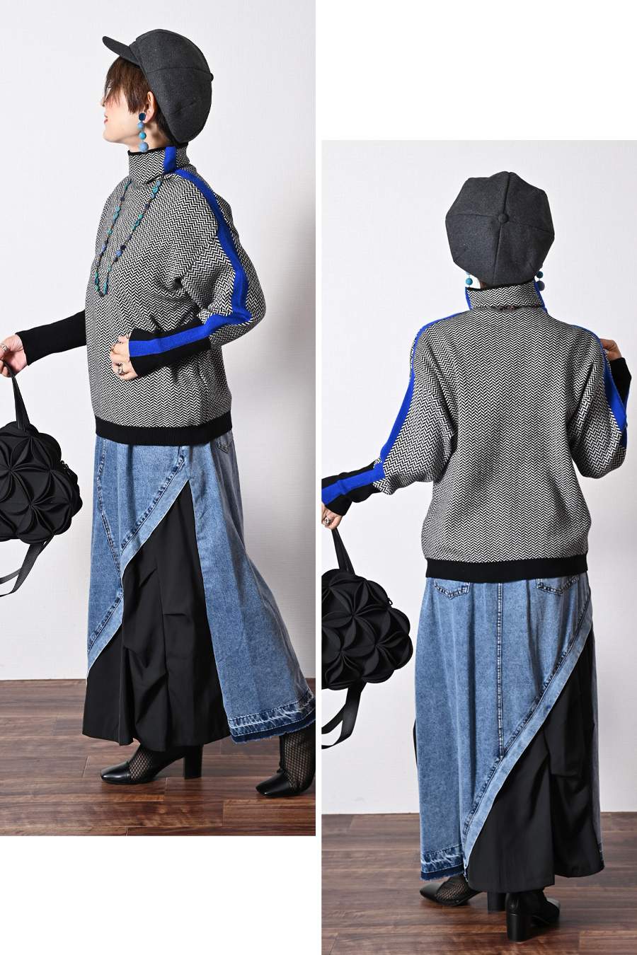 体型拾わない華やかニット！ヘリンボーン配色ニット