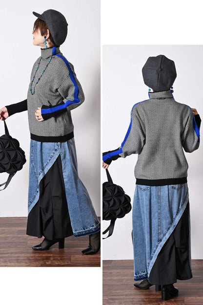 体型拾わない華やかニット！ヘリンボーン配色ニット