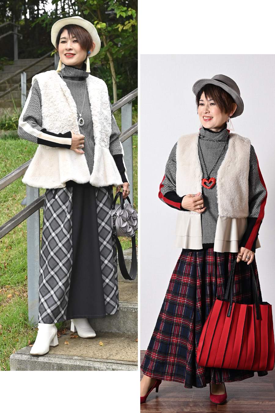 体型拾わない華やかニット！ヘリンボーン配色ニット