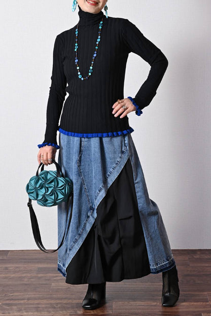 柔らかワイドリブ 裾フリル配色ニット