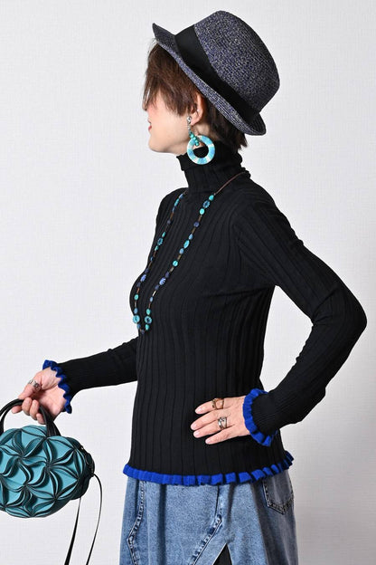 柔らかワイドリブ 裾フリル配色ニット