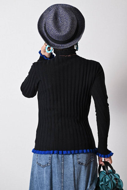 柔らかワイドリブ 裾フリル配色ニット