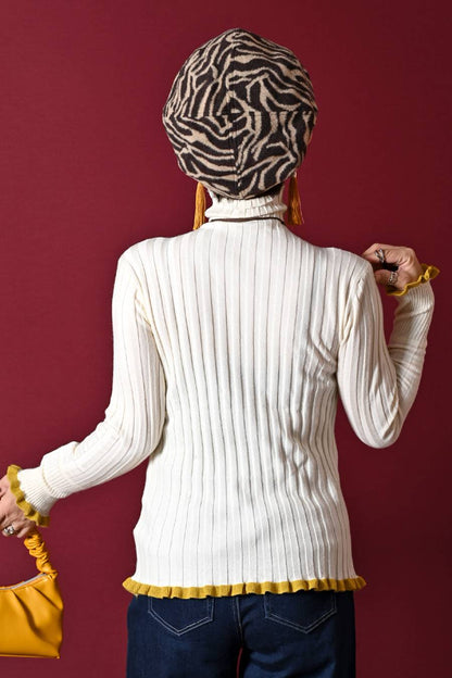 柔らかワイドリブ 裾フリル配色ニット