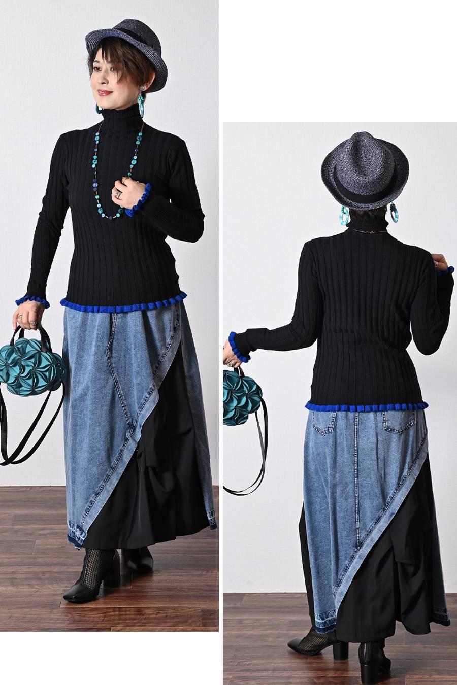 柔らかワイドリブ 裾フリル配色ニット