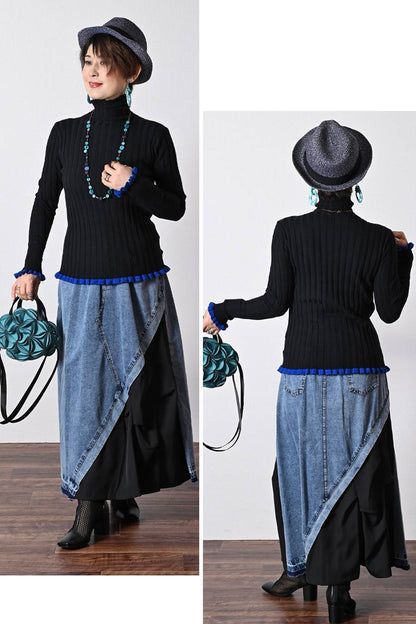 柔らかワイドリブ 裾フリル配色ニット