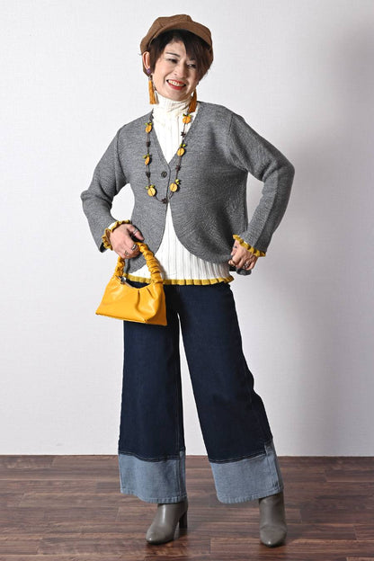 柔らかワイドリブ 裾フリル配色ニット