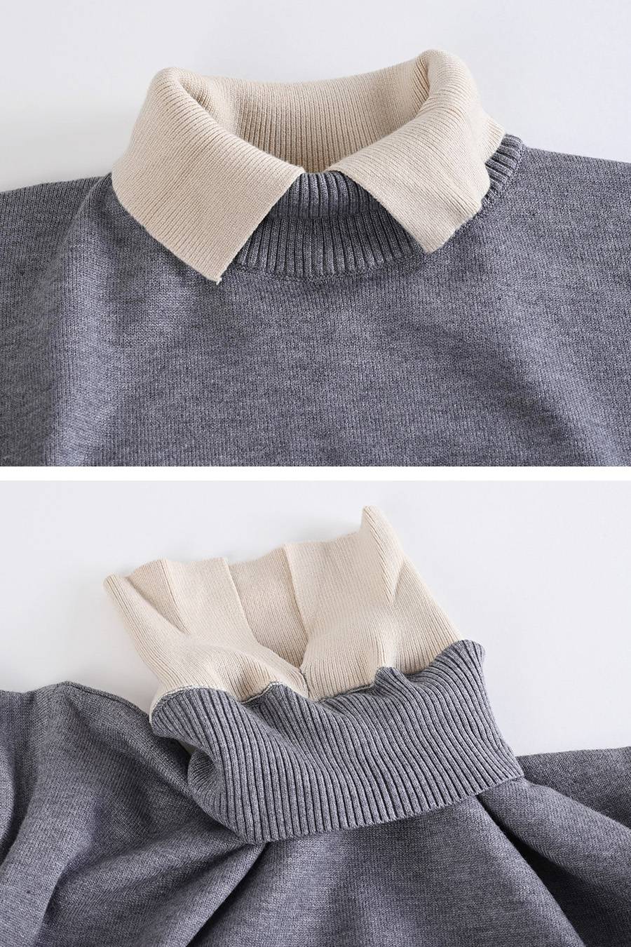 一枚で重ね着フェイク！バイカラー衿付き風ニット
