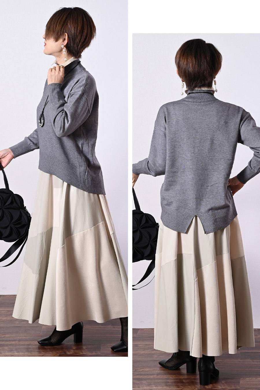 一枚で重ね着フェイク！バイカラー衿付き風ニット