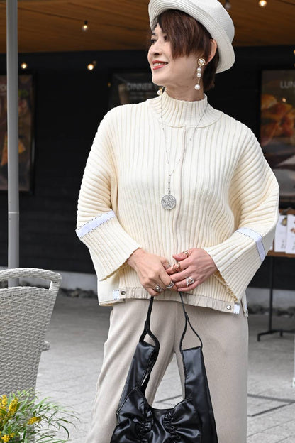 ニット×ポンチコンビ暖かプルオーバー