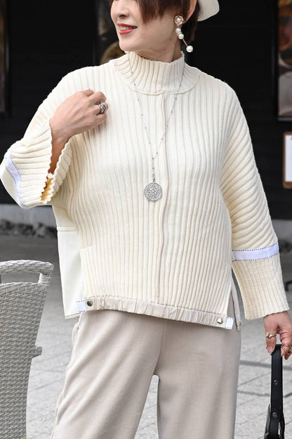 ニット×ポンチコンビ暖かプルオーバー