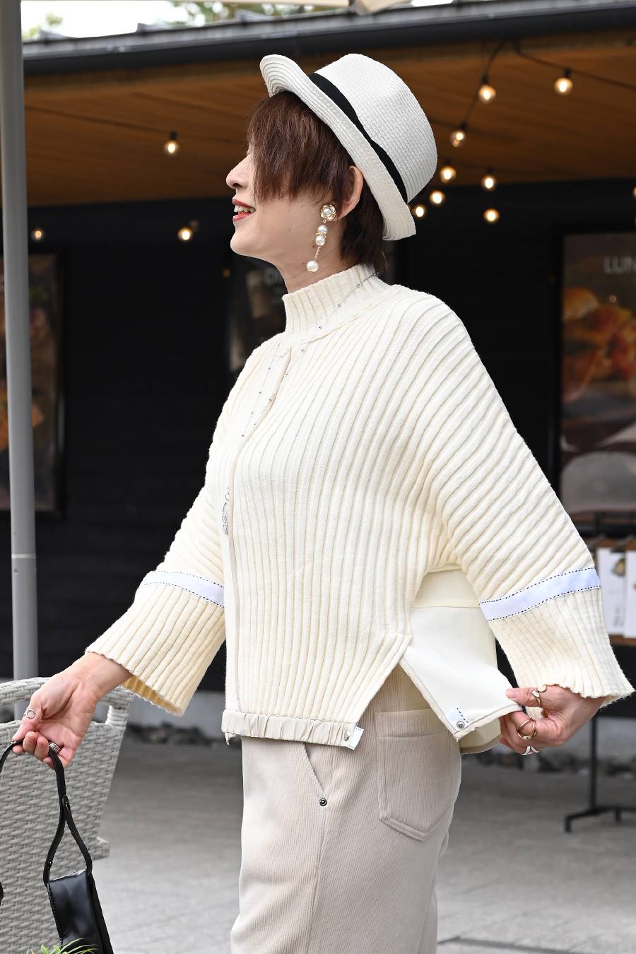 ニット×ポンチコンビ暖かプルオーバー