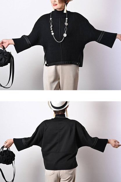 ニット×ポンチコンビ暖かプルオーバー