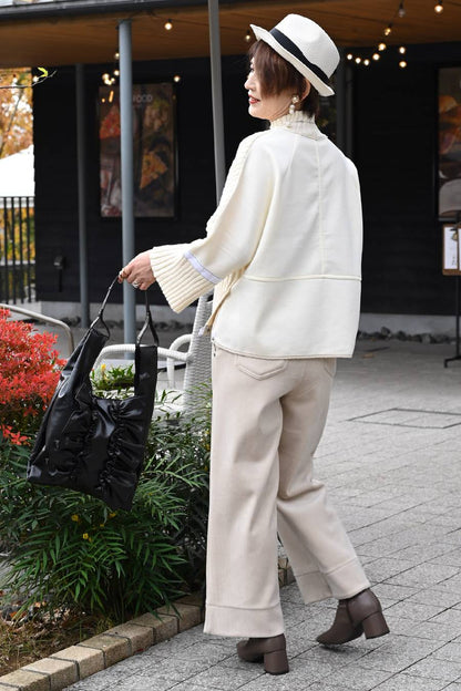 ニット×ポンチコンビ暖かプルオーバー