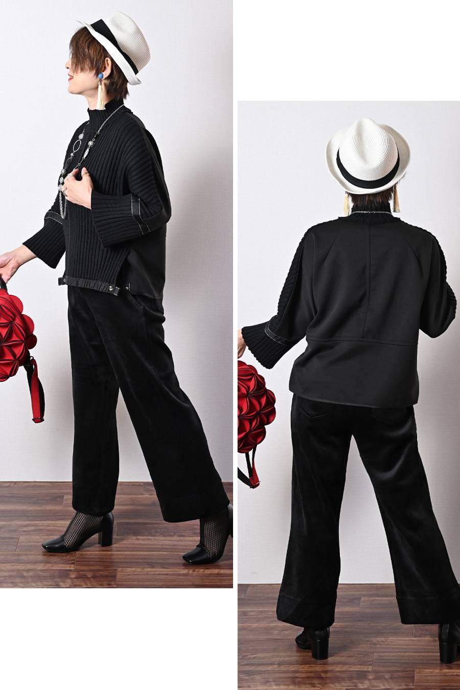 ニット×ポンチコンビ暖かプルオーバー