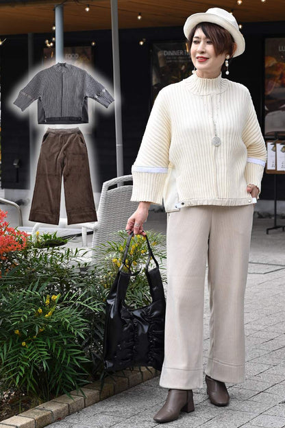 ニット×ポンチコンビプルオーバー＋ストレッチコーデュロイパンツ２点セットコーデ