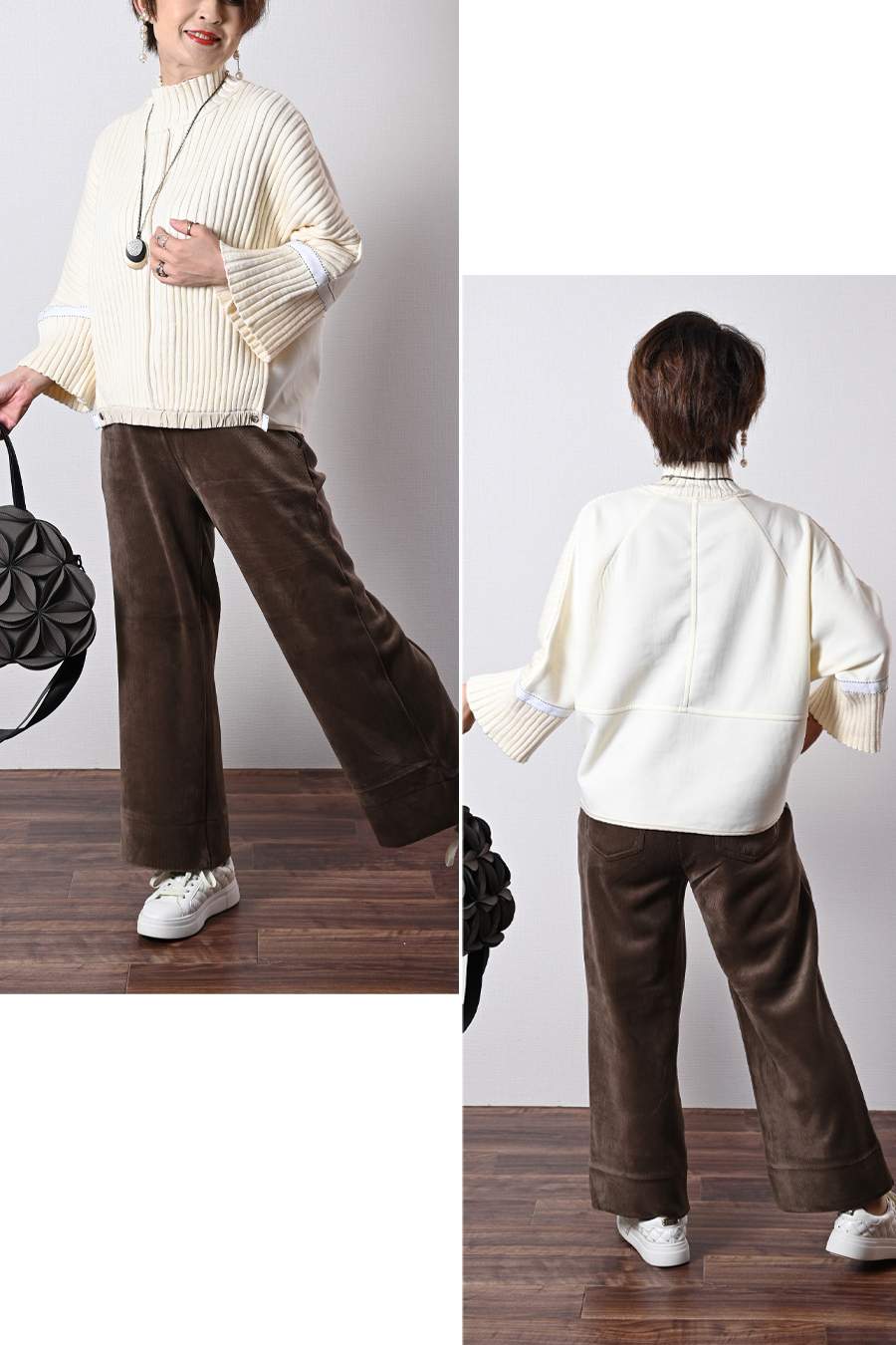 ニット×ポンチコンビプルオーバー＋ストレッチコーデュロイパンツ２点セットコーデ