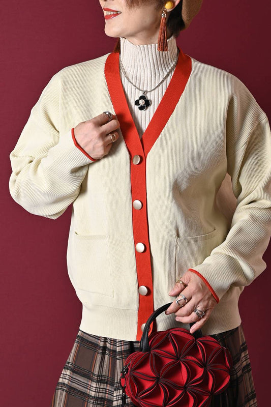 ビビット配色Ｖネックバイカラーカーディガン