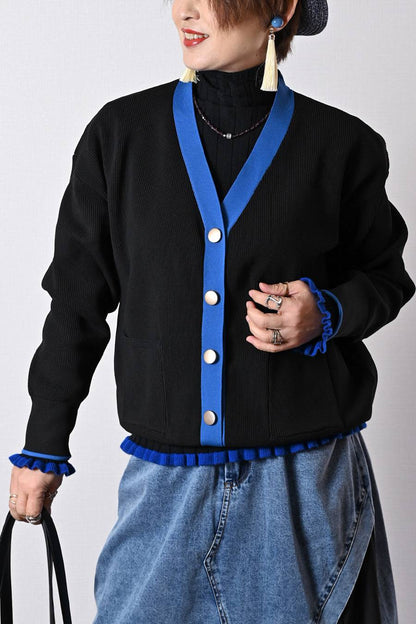 ビビット配色Ｖネックバイカラーカーディガン