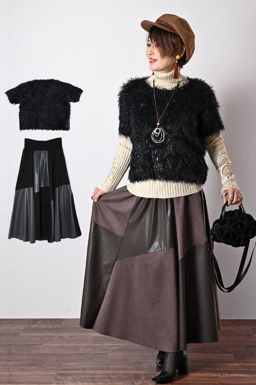 ショートスリーブシャギーニット+エコレザースカート２点セットコーデ