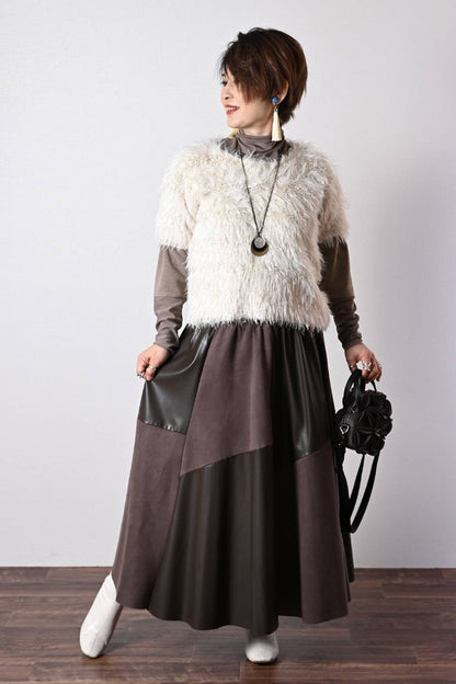 ショートスリーブシャギーニット+エコレザースカート２点セットコーデ