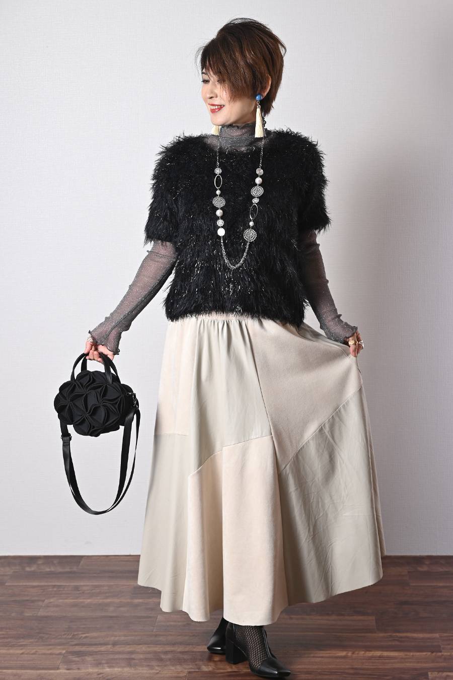 ショートスリーブシャギーニット+エコレザースカート２点セットコーデ