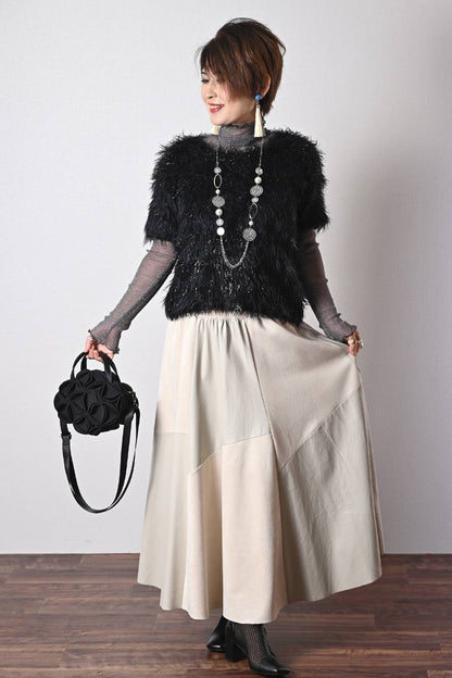 ショートスリーブシャギーニット+エコレザースカート２点セットコーデ